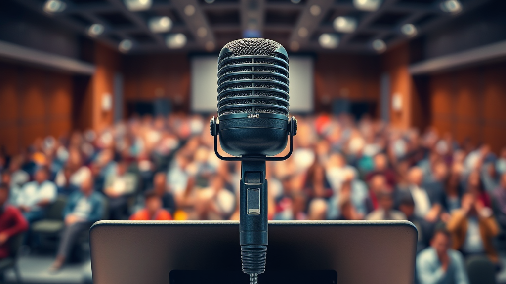 A sleek standard issue microphone on a lecturn infront of a conference audience.