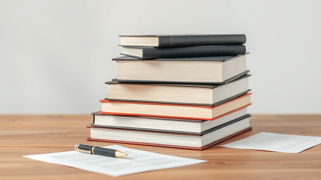 A stack of academic books with a pen and paper arranged studiously on a minimalist desk.