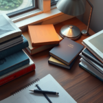 Image of a sleek modern desk with books by a window.